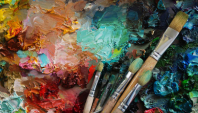 A colorful abstract oil painting with thick strokes representing the art and art history department at Occidental College (Oxy).