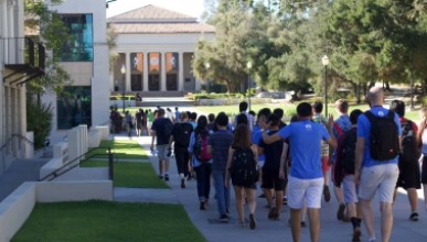 A group of students on campus for a summer program at Oxy
