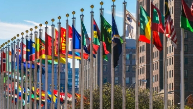 UN Headquarters in NYC, with int'l flags