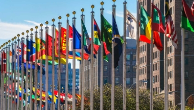 UN Headquarters in NYC, with int'l flags