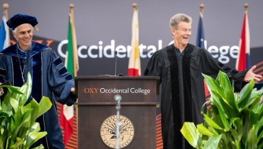 President Tom Stritikus and Professor of Kinesiology Stuart Rugg at Commencement in May 2025.