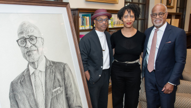 Bob Johnson '77, Kenturah Davis '02, and President Harry Elam Jr.