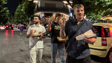 Evan Caulfield '26, center, and other participants in Oxy's Summer Justice Internship in Greece