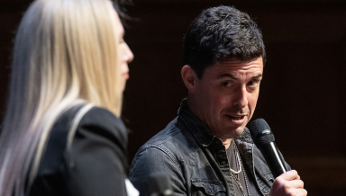 2025-26 Kemp Lecturer Tim Miller with Occidental Professor Caroline Heldman.