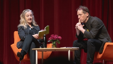 Rebecca Solnit and Paul Holdengraber onstage at an Oxy Live! event at Occidental College