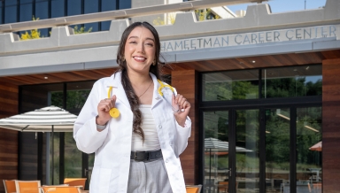 Mariah Rutiaga Amaya ’22 outside the Hameetman Career Center.