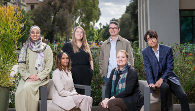 L-R: Associate professors Alaa Abdelfattah (economics), Tiffany Wheatland-Disu (Black studies), Madeline Wander ’08 (urban and environmental policy), Joel Walsh (computer science), Margaret Gaida (history), and Kai Yui Samuel Chan (politics).