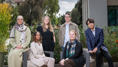 L-R: Associate professors Alaa Abdelfattah (economics), Tiffany Wheatland-Disu (Black studies), Madeline Wander ’08 (urban and environmental policy), Joel Walsh (computer science), Margaret Gaida (history), and Kai Yui Samuel Chan (politics).