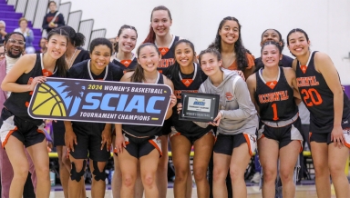 Occidental’s women's basketball team after winning the 2024 SCIAC Post­season Tournament championship.