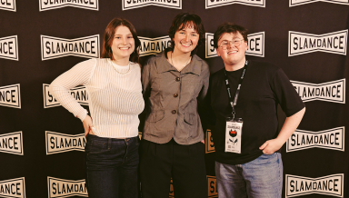 From left, Lizzie Friedrich ’25, Lily Calvert ’25, and Hayden Jennings ’25 share a red-carpet moment during the 2026 Slamdance Film Festival. 