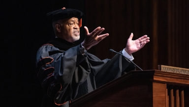 President Elam addresses new and returning students at Convocation on August 29. 