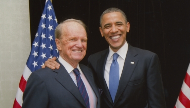 George Stevens Jr. '53 with President Obama in 2011.