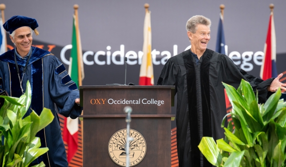 President Tom Stritikus and Professor of Kinesiology Stuart Rugg at Commencement in May 2025.