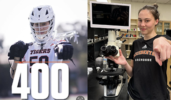a young woman in lacrosse gear next to the same woman in the biology lab