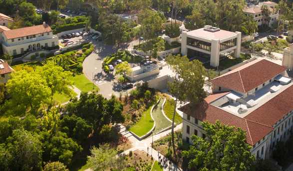 A bird's eye view of the Occidental College campus from a drone camera