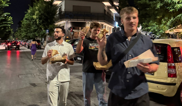 Evan Caulfield '26, center, and other participants in Oxy's Summer Justice Internship in Greece