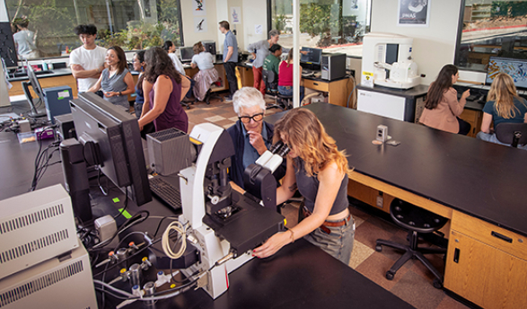 Faculty and students work in the Bioscience 106 space, home to Occidental's new LUMEN Imaging and Analysis Center.