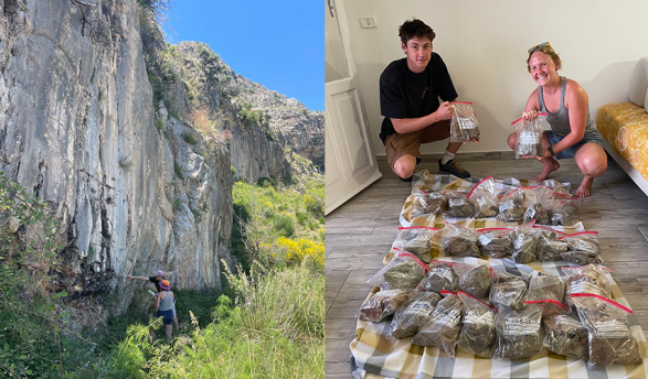a composite images of two students examining a rock face and then examining rock samples in plastic bags