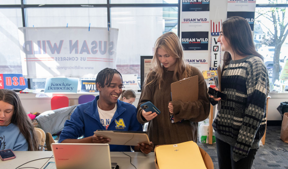Two Occidental College students working in the busy office of a Congressional political campaign in Pennsylvania