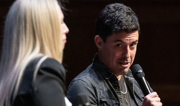 2025-26 Kemp Lecturer Tim Miller with Occidental Professor Caroline Heldman.