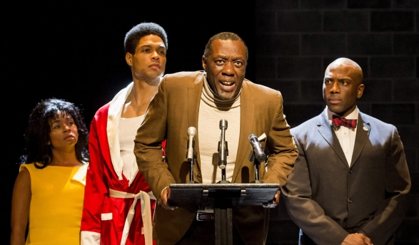 A performance of Fetch Clay, Make Man featuring four Black actors onstage