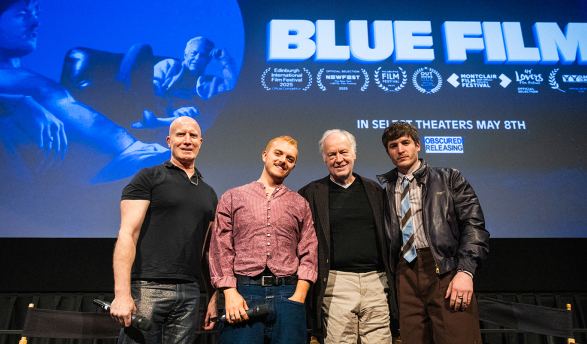Blue Film director Elliot Tuttle '22, second from left, with the film's stars.