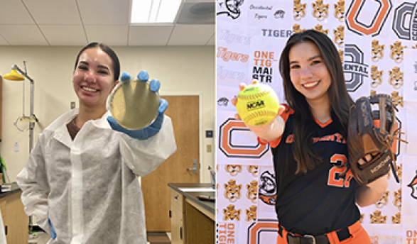a young woman in the biology lab next to the same woman in softball gear