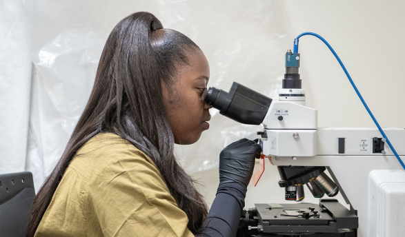 Daisy Ademoye looking into a powerful microscope in the Mind and Brain lab
