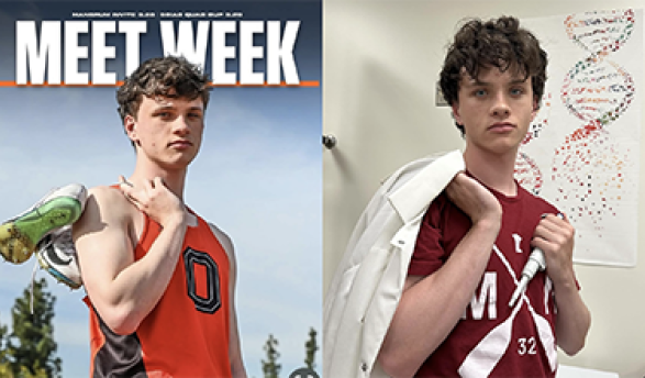 a young man in track and field gear next to the same man in the biology lab