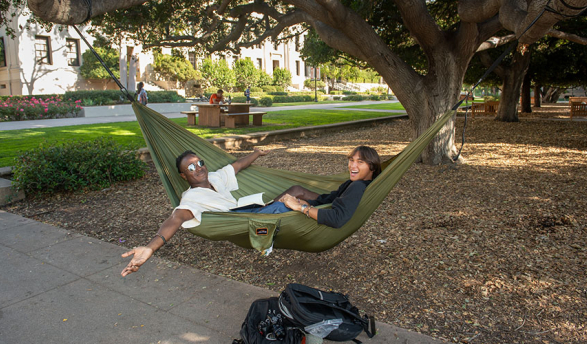 Two Occidental Students sitting in a hammock with their arms outstretched