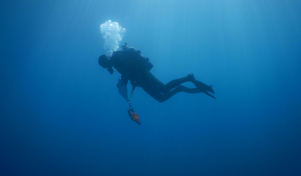 A Vantuna Research Group diver deep in the ocean, surrounded by deep blue