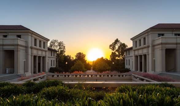 sunset between Johnson Hall and AGC on the Occidental college campus