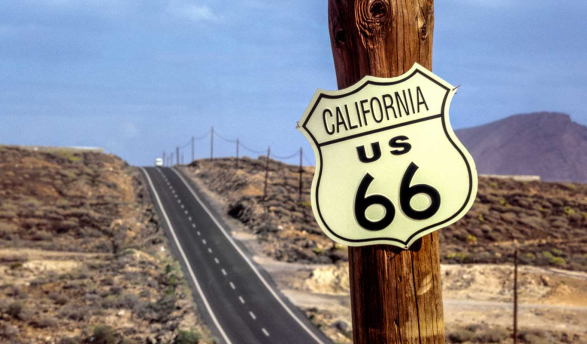 sign for U.S. Route 66 in California, a historic U.S. highway that ran from Chicago to Santa Monica
