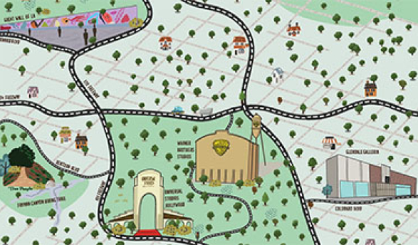 A hand-drawn map of Burbank. Highlights: Great wall of LA, Fryman Canyon, Universal Studios, Glendale Galleria, and more
