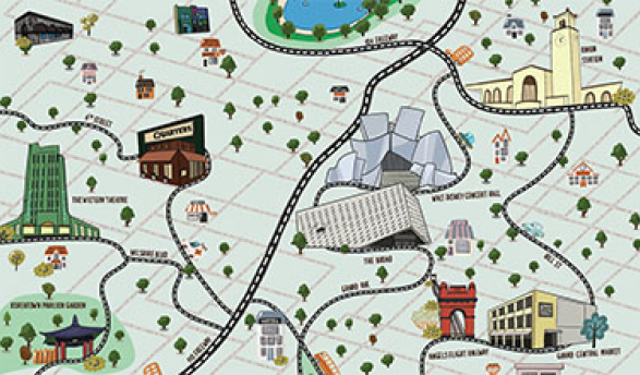 A hand-drawn map of downtown and Korea Town. Highlights: the Wiltern, Walt Disney Concert Hall, Union Station, and more