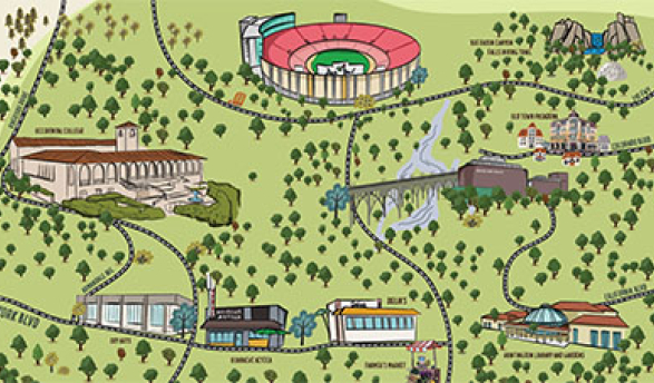 A hand-drawn map of Eagle Rock and Pasadena. Highlights: Occidental College, York Blvd, Rose Bowl, Old Town, and more