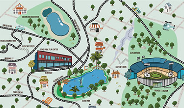 A hand-drawn map of Echo Park. Highlights: Dodger Stadium, hidden staircases, Echo Park Lake, Gabba Art Gallery, and more