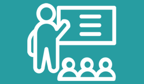 teal rectangle with line drawing of a person presenting for an audience