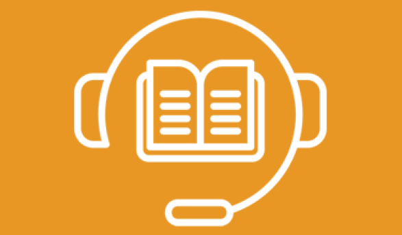orange rectangle with a line image of a book and headphones