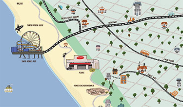 A hand-drawn map of Santa Monica. Highlights: Malibu, Santa Monica Pier, Venice Beach Boardwalk, Muscle Beach, and more