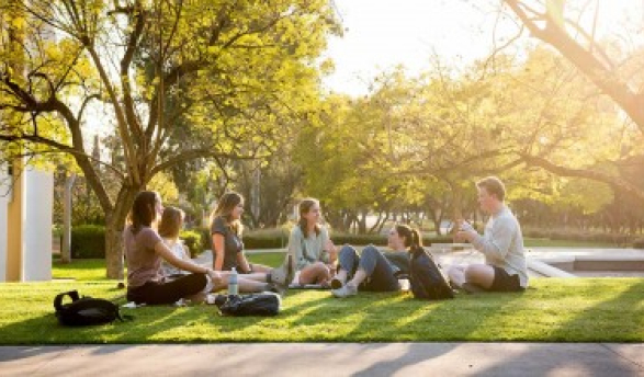 A group of students sit chatting in a circle on the quad at sunset
