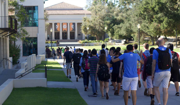 A group of students on campus for a summer program at Oxy