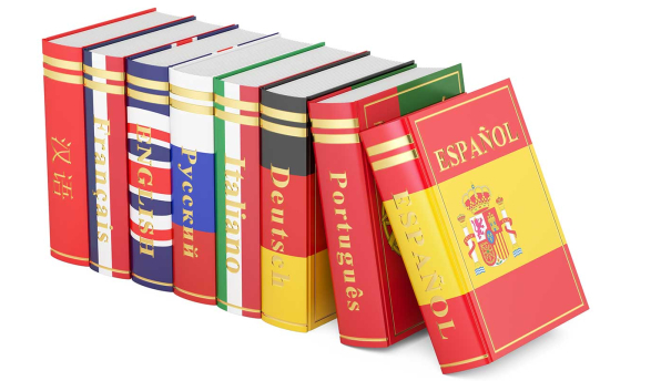 Language books arranged in a row