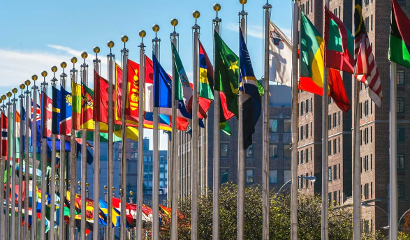 UN Headquarters in NYC, with int'l flags