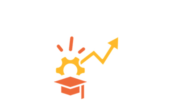 Icon of graduation cap, gear and upward arrow representing professional development