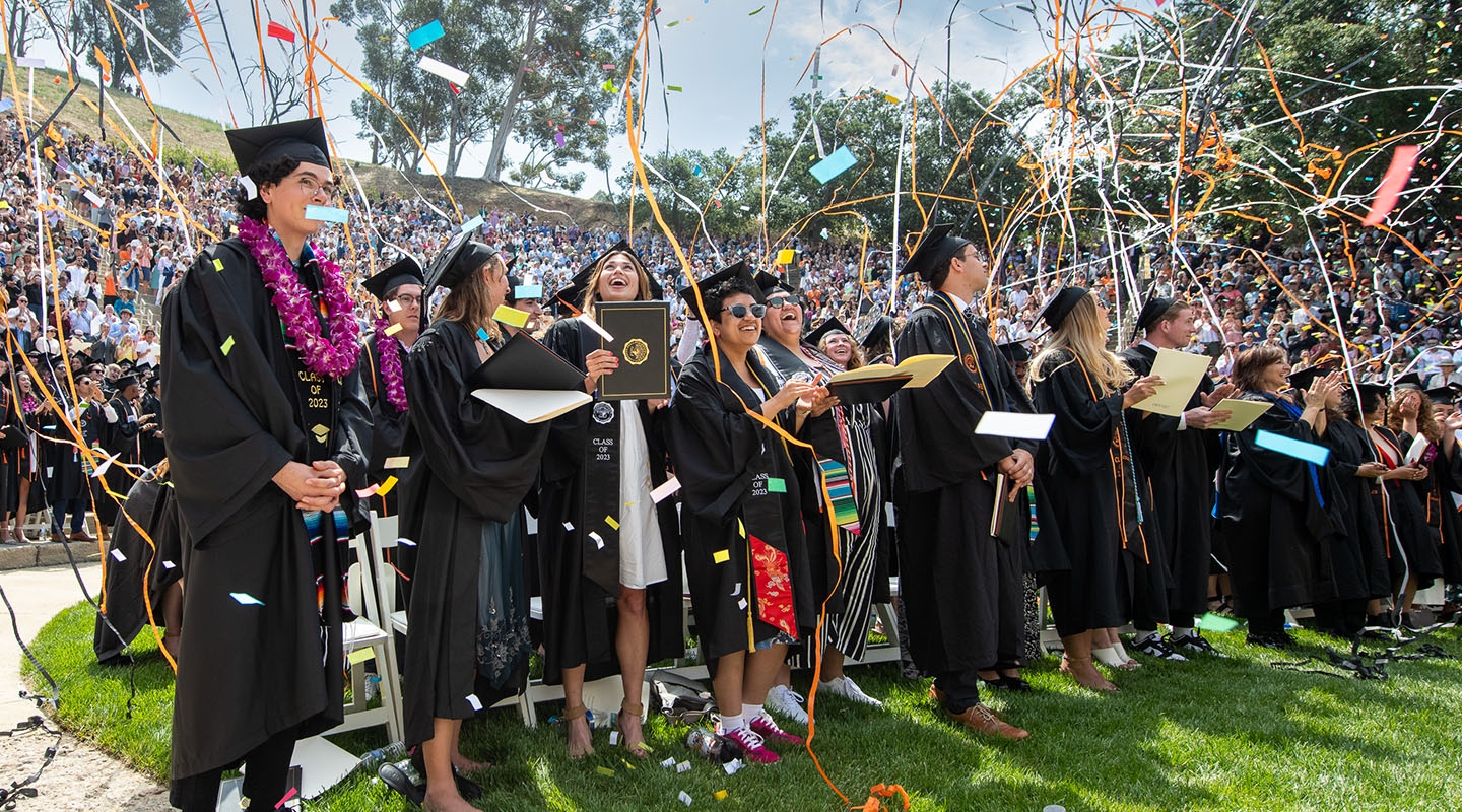 Occidental College students on Commencement Day in Los Angeles, celebrating