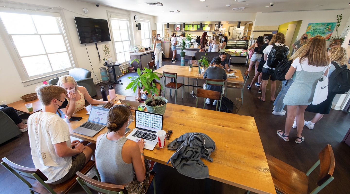 students working and socializing at the Green Bean cafe