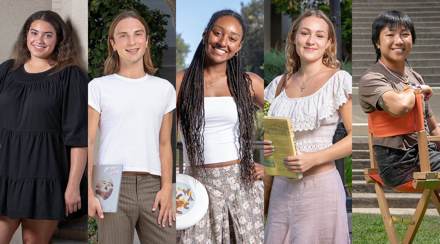 Five Oxy students shown standing from the knees up, smiling, a composite image