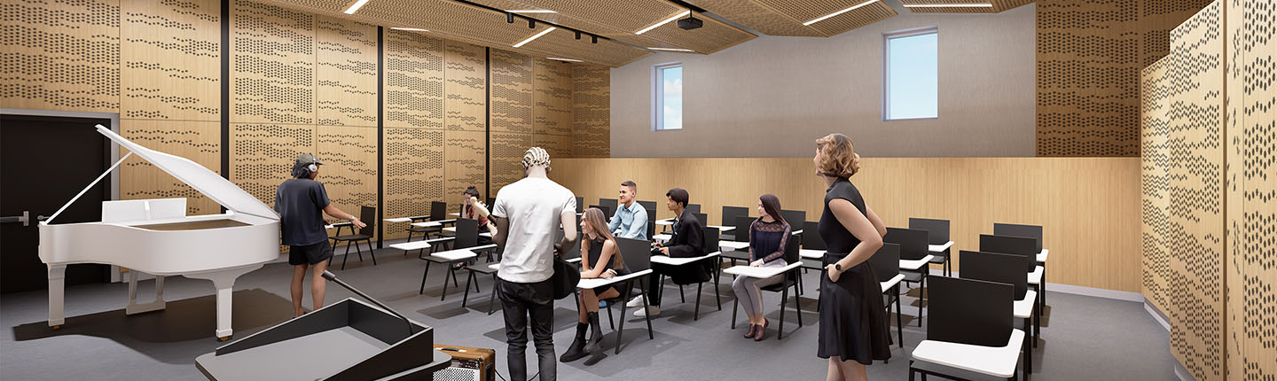 An architect's rendering of a new and modern music classroom 