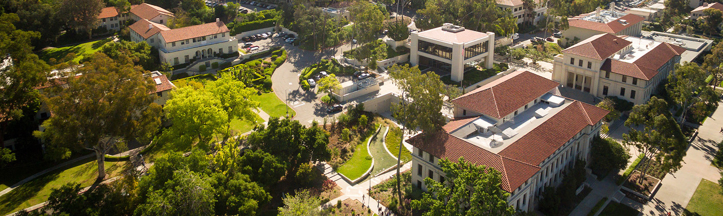 A bird's eye view of the Occidental College campus from a drone camera
